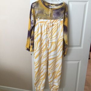 LSU Jog Pants and Purple and Gold Tie-Dye Long Sleeve T-Shirt